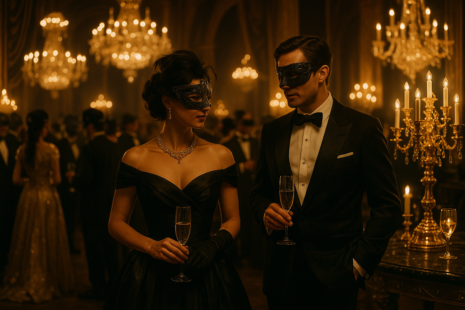 Bal masqué vénitien, chandeliers et champagne — EULAM 55